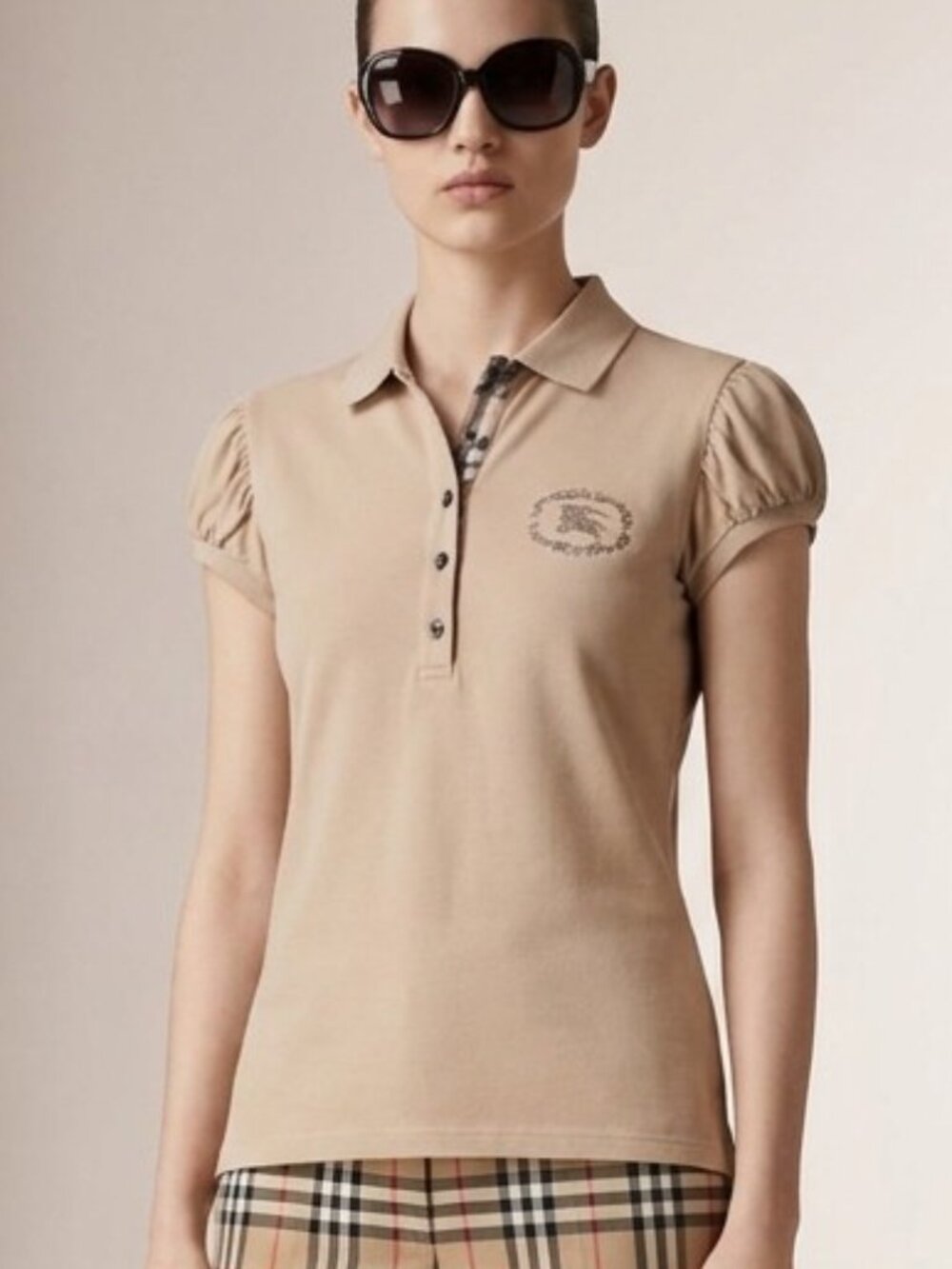 Burberry London Tan Pique Knit Puff Sleeve Polo Shirt Size L